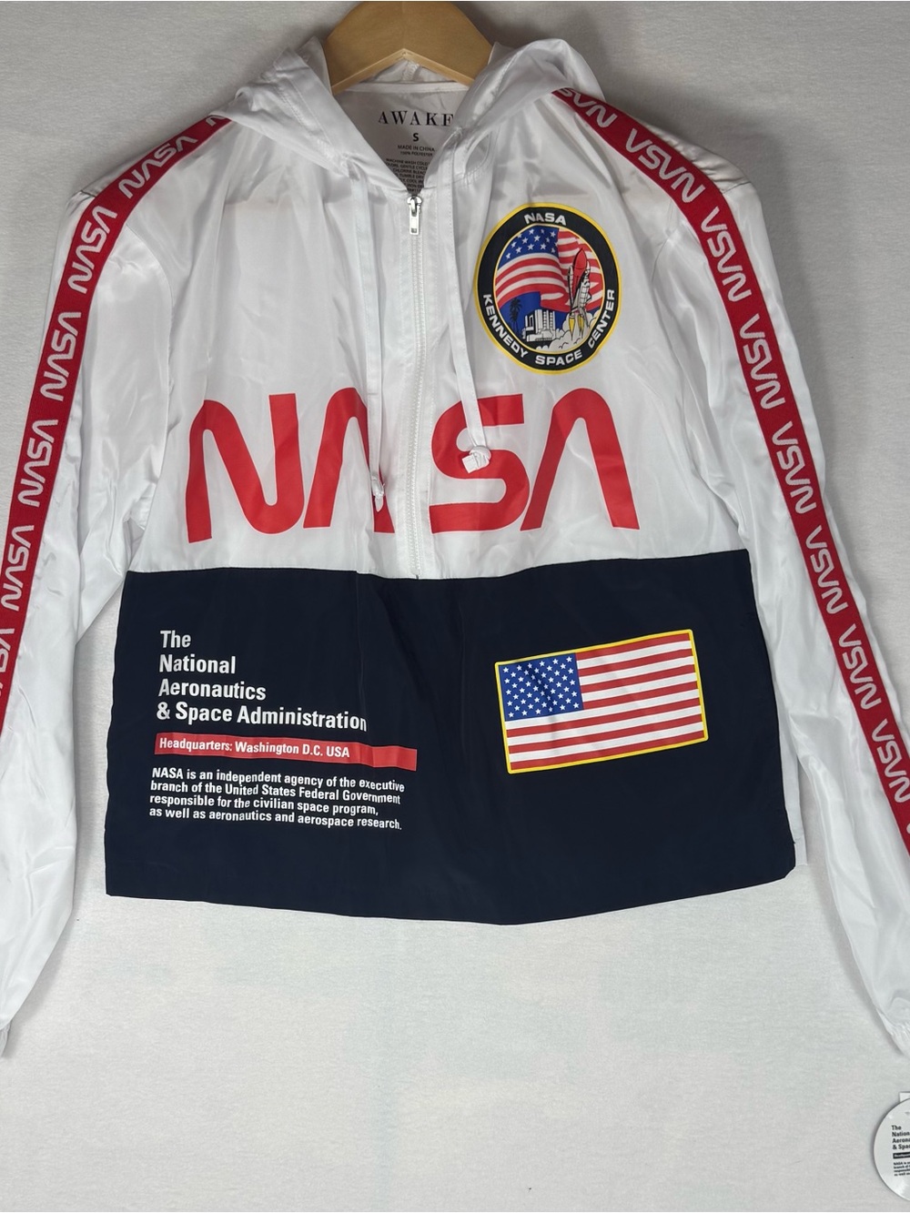 Awake NY White Red & Navy NASA Logo Hooded Windbreaker